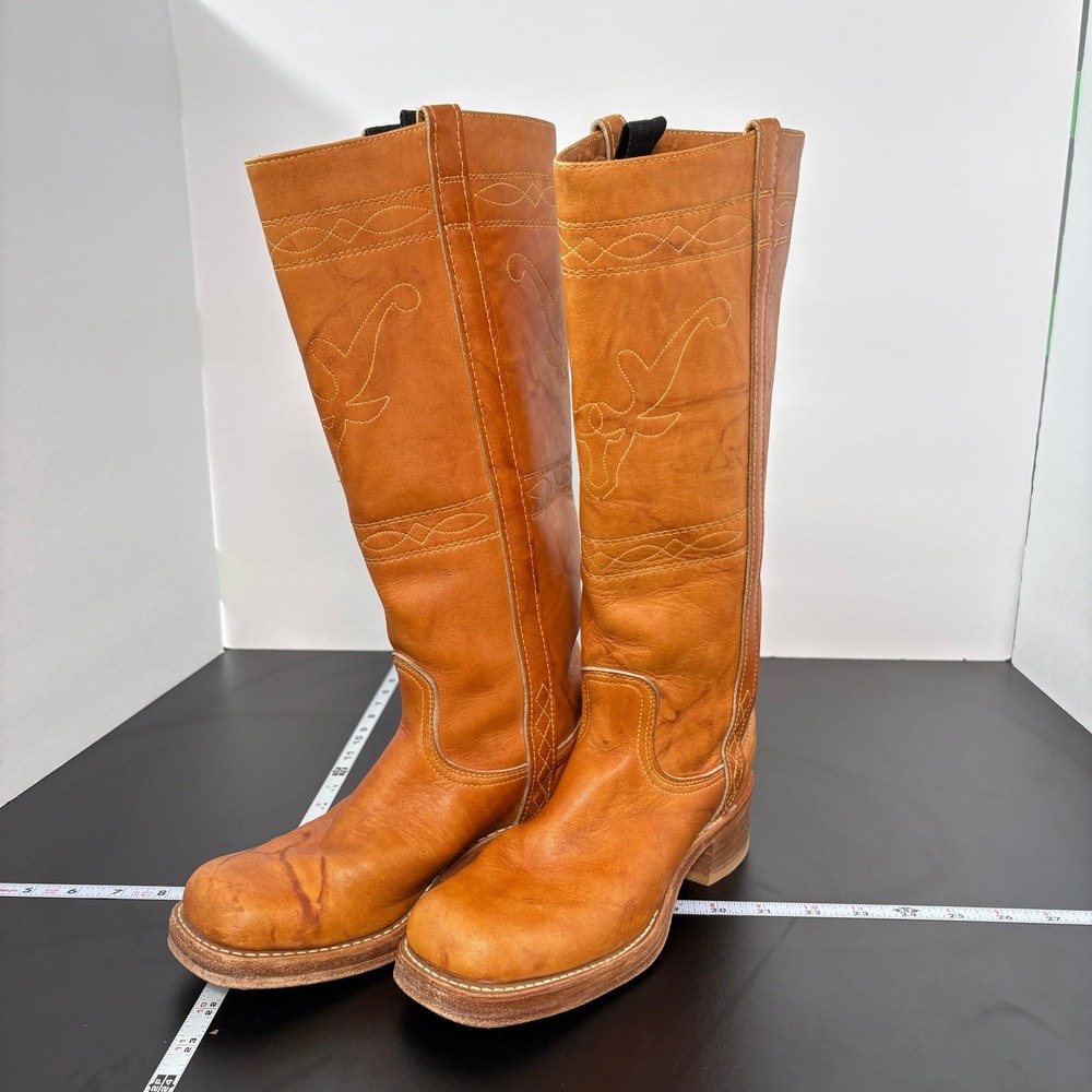 Vintage Womens Western Cowboy Boots 7.5N Tan Leather Longhorn USA Made Campus - Picture 5 of 16